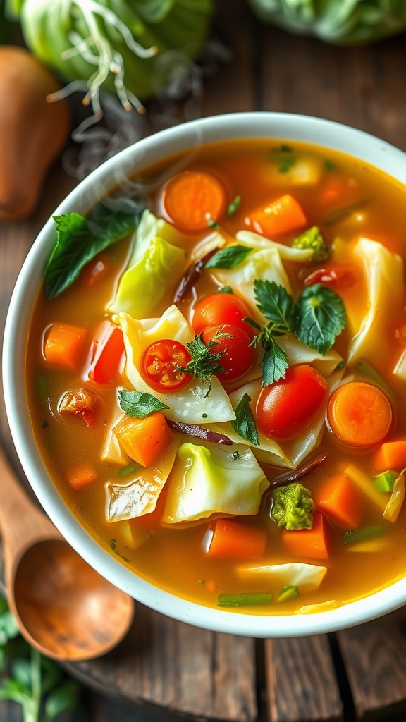 Zero Point Cabbage Soup Recipe A colorful bowl of cabbage soup with tomatoes, carrots, and bell peppers, garnished with herbs, on a rustic kitchen table.